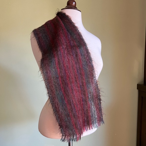 Mohair Knit Scarf, Vintage Striped Winter Shawl Scarf, Soft Wool, Plum Burgundy - Picture 7 of 8